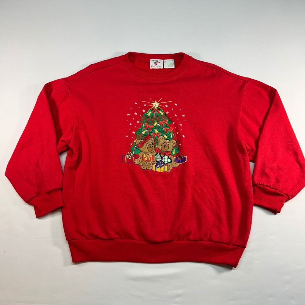 Vintage NutCracker Red Christmas Teddy Bear Embroidered Sweatshirt Large